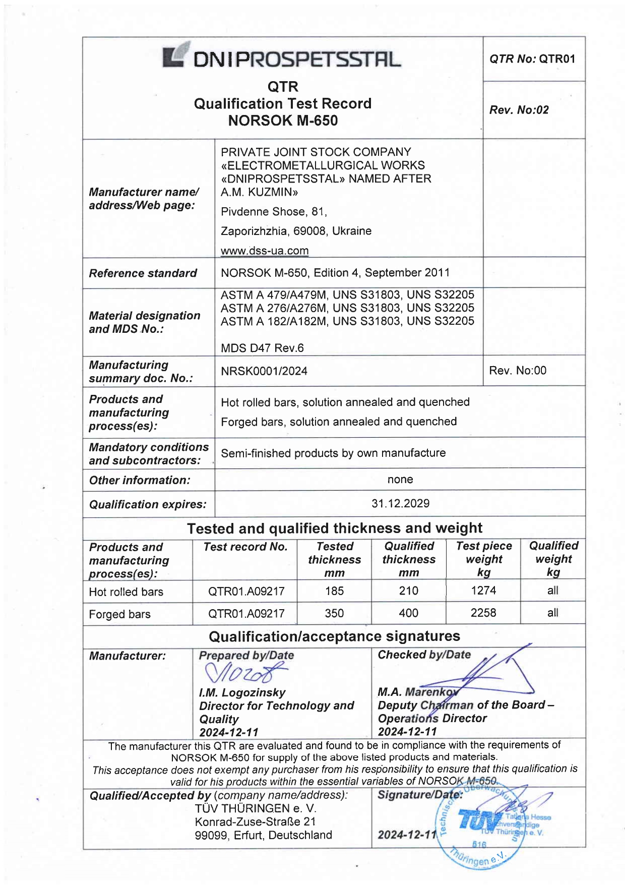 QTR Qualification Test Record Norsok M-650 (eng)