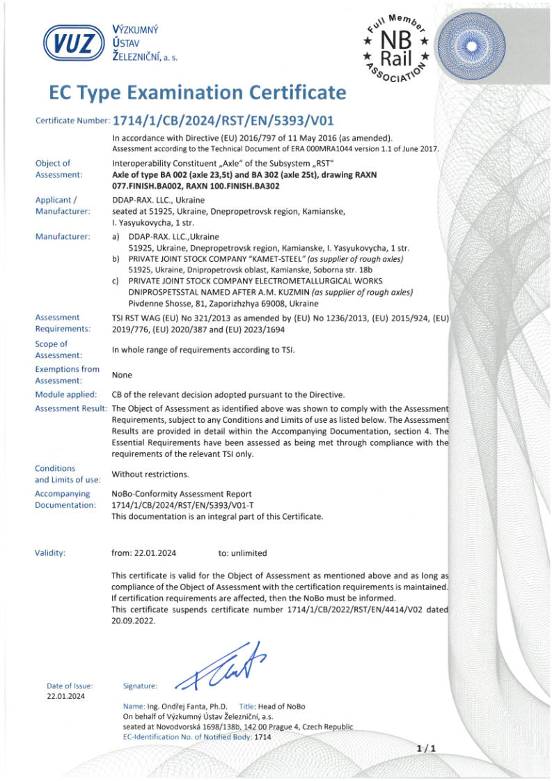 Certificate VUZ (Vyzkumny Ustav Zeleznicni) of Interoperability Constituent "Axle" of the "RST" subsystem