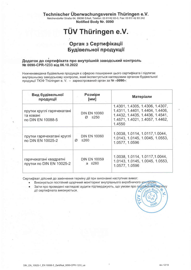 Додаток до Сертифікату на відповідність вимогам будівельного регламенту CPR 305/2011